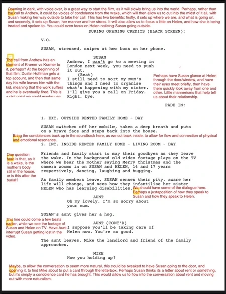 Script page with annotated notes from a Golden Script reader